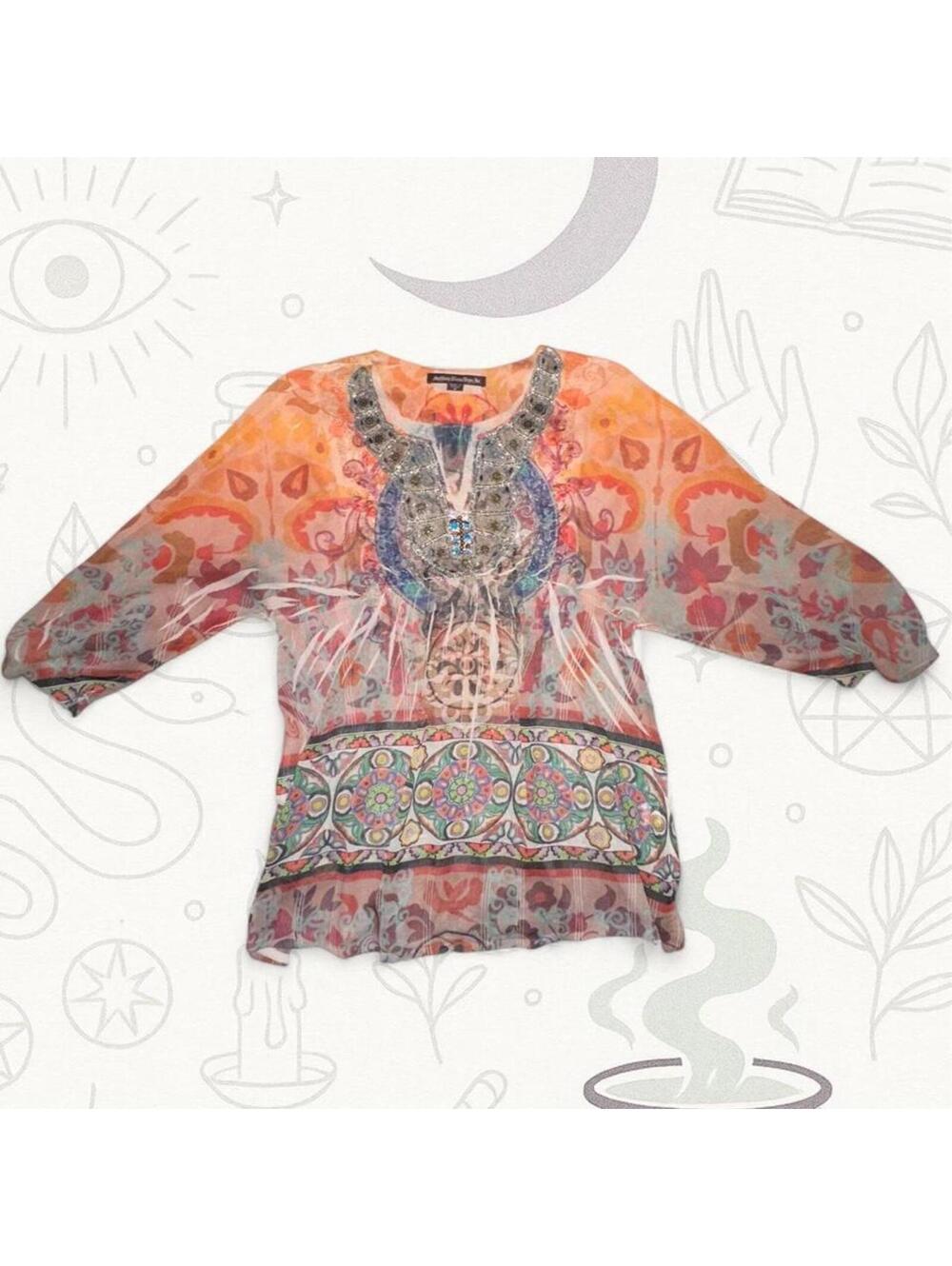 Mehkae Sienna Rose Embellished Boho Tunic Top Size Medium